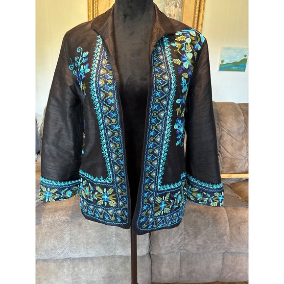 Handcrafted Black Sheer - 100% Silk Open-Front Jacket S Floral Embroidery Dressy - Picture 6 of 8
